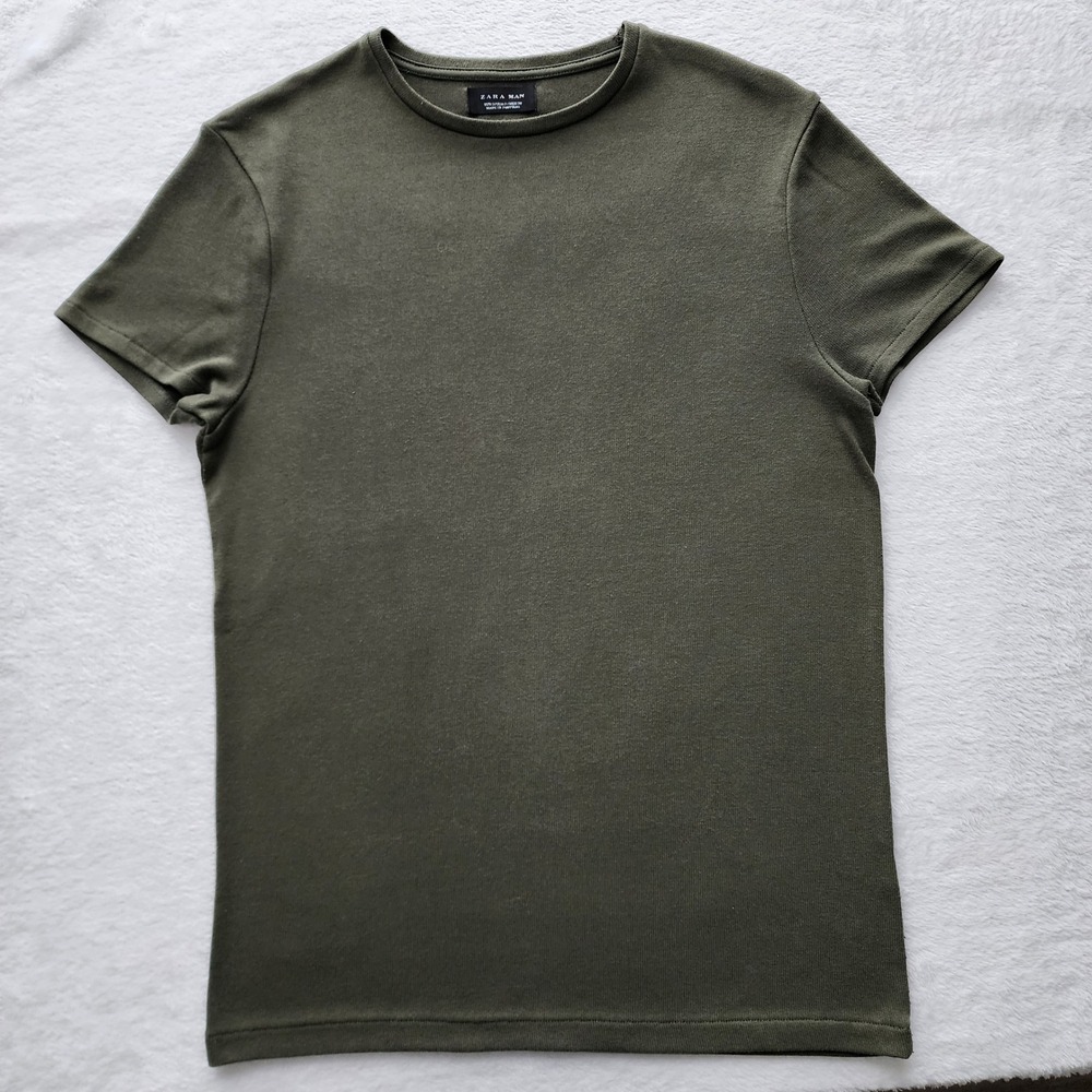 Zara‎ Man Knit Shirt Mens Small Olive Green Slim Fit Short Sleeve Tee Top Basic